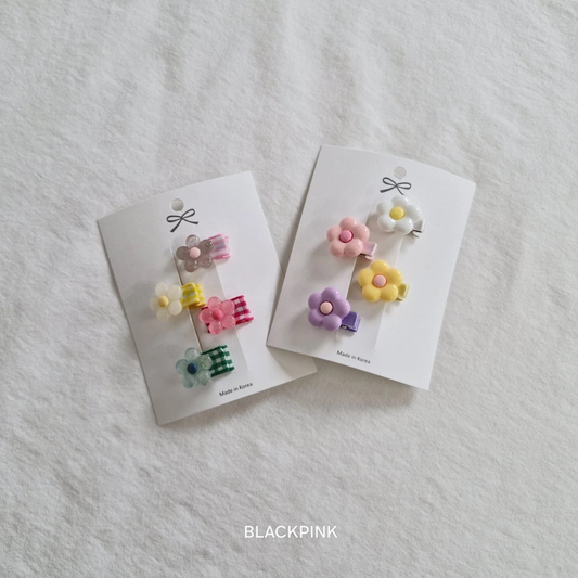 Black Pink Mini Flower Hair Clips Set