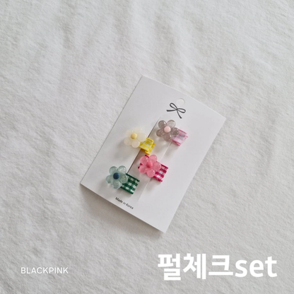 Black Pink Mini Flower Hair Clips Set